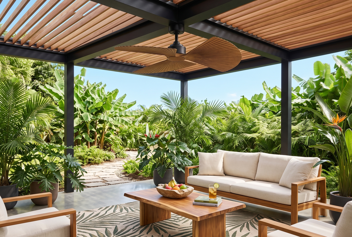 A modern outdoor tropical patio under a dark pergola featuring a three-blade ceiling fan with wood, leaf-shaped blades above a comfortable seating area surrounded by dense green foliage.