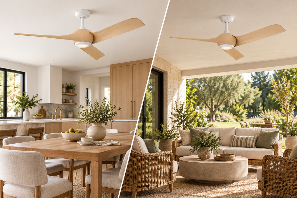 A three blade damp rated fan being used in a kitchen as well as an outdoor patio