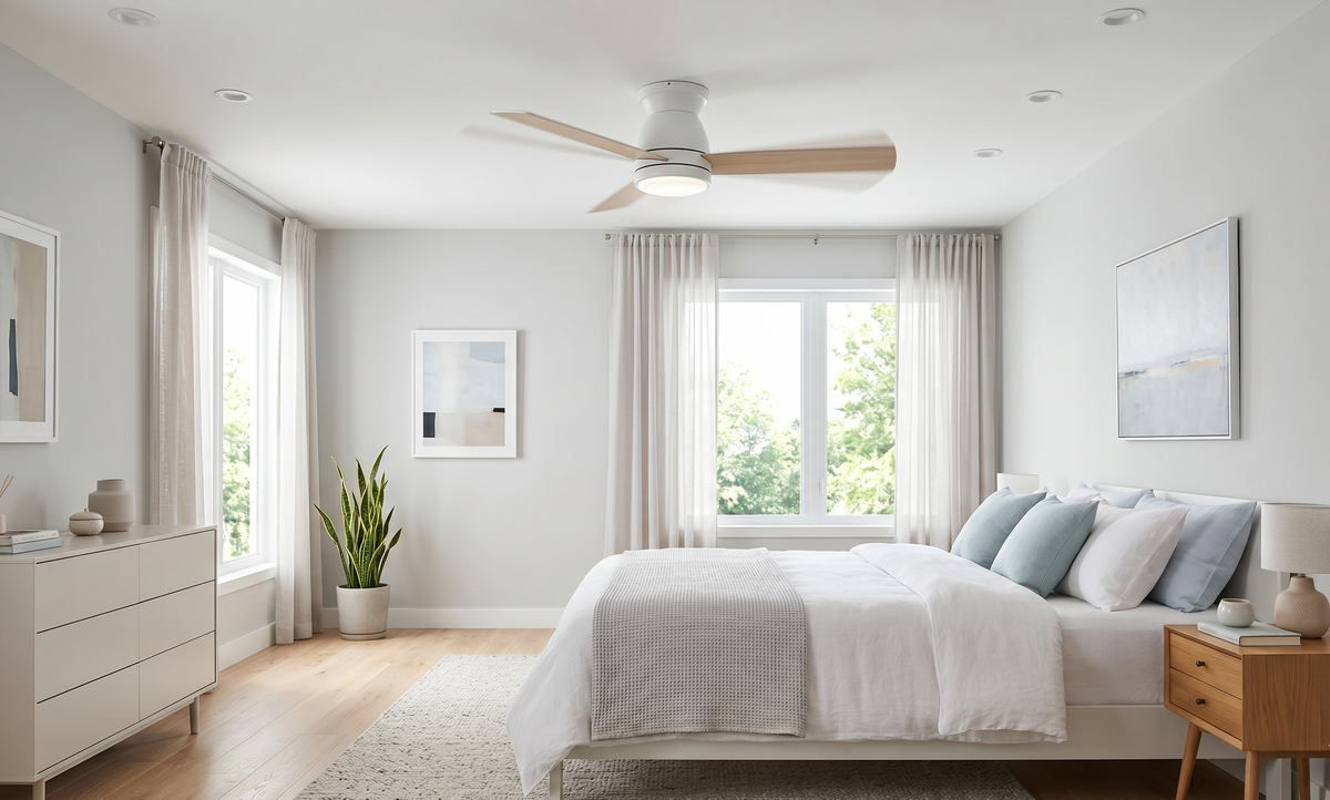 A bright modern bedroom with a low ceiling featuring a white and light-wood flush-mount hugger ceiling fan. The room is minimalist with neutral tones, a bed with white and soft blue bedding, light wood furniture, and large windows.