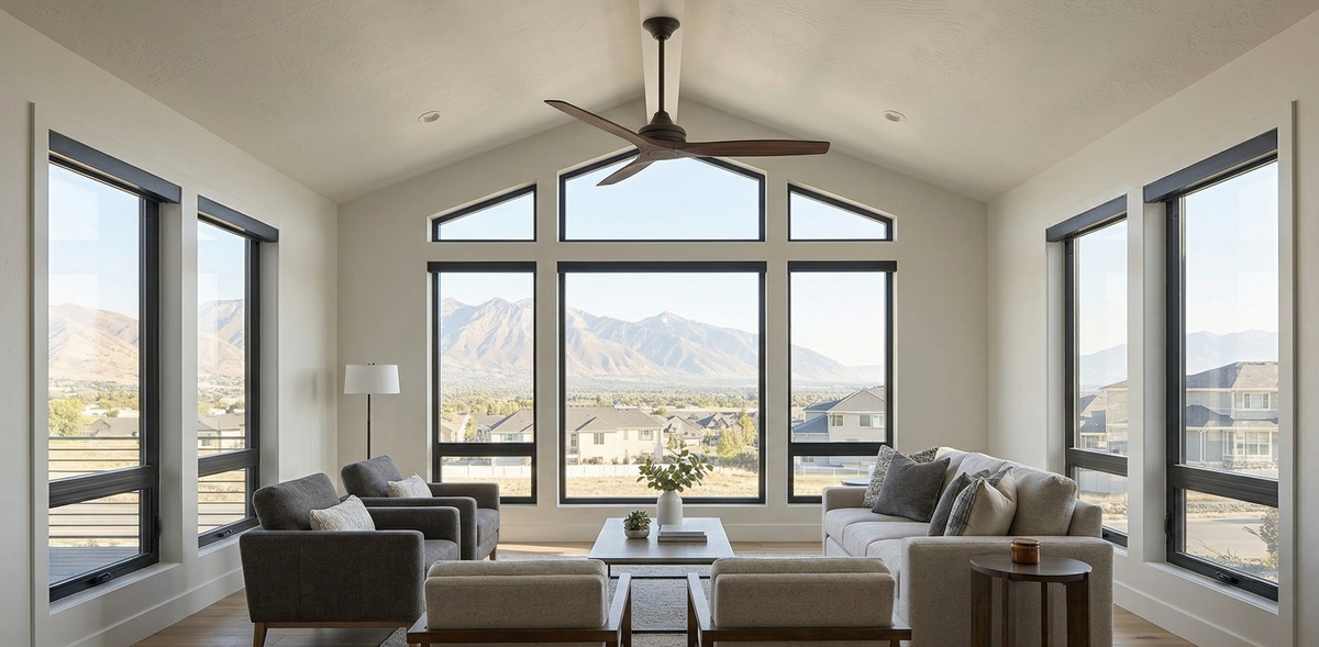 Modern living room with vaulted ceilings, large picture windows, mountain views, and a large ceiling fan suspended from an extended downrod.