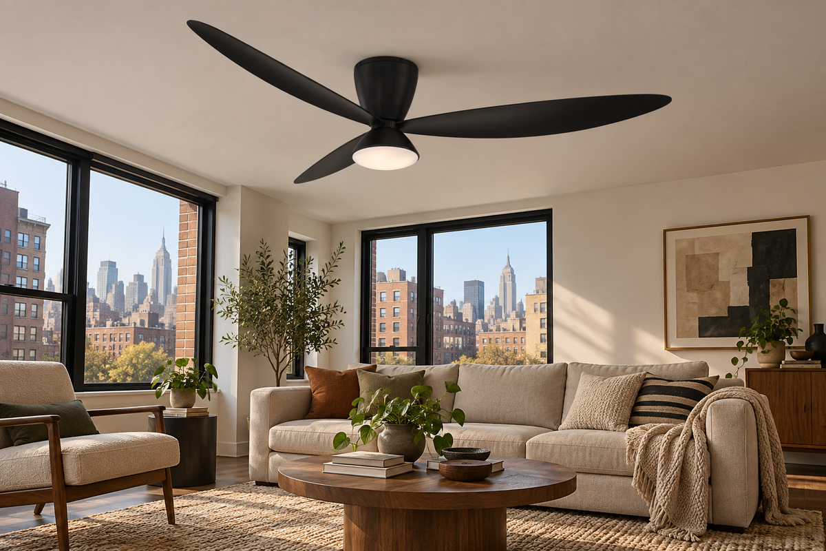 Three blade flush mount ceiling fan in an urban living room