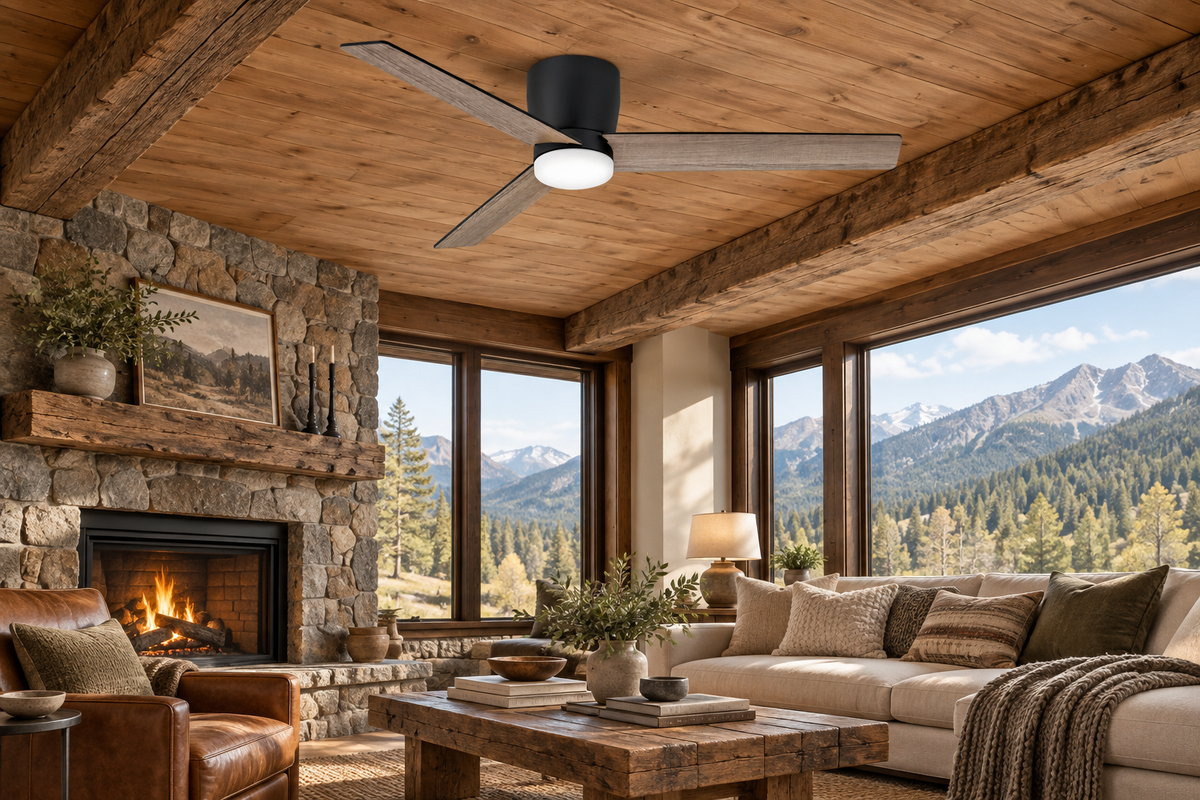 Flush mount ceiling fan in a rustic mountain side living room.