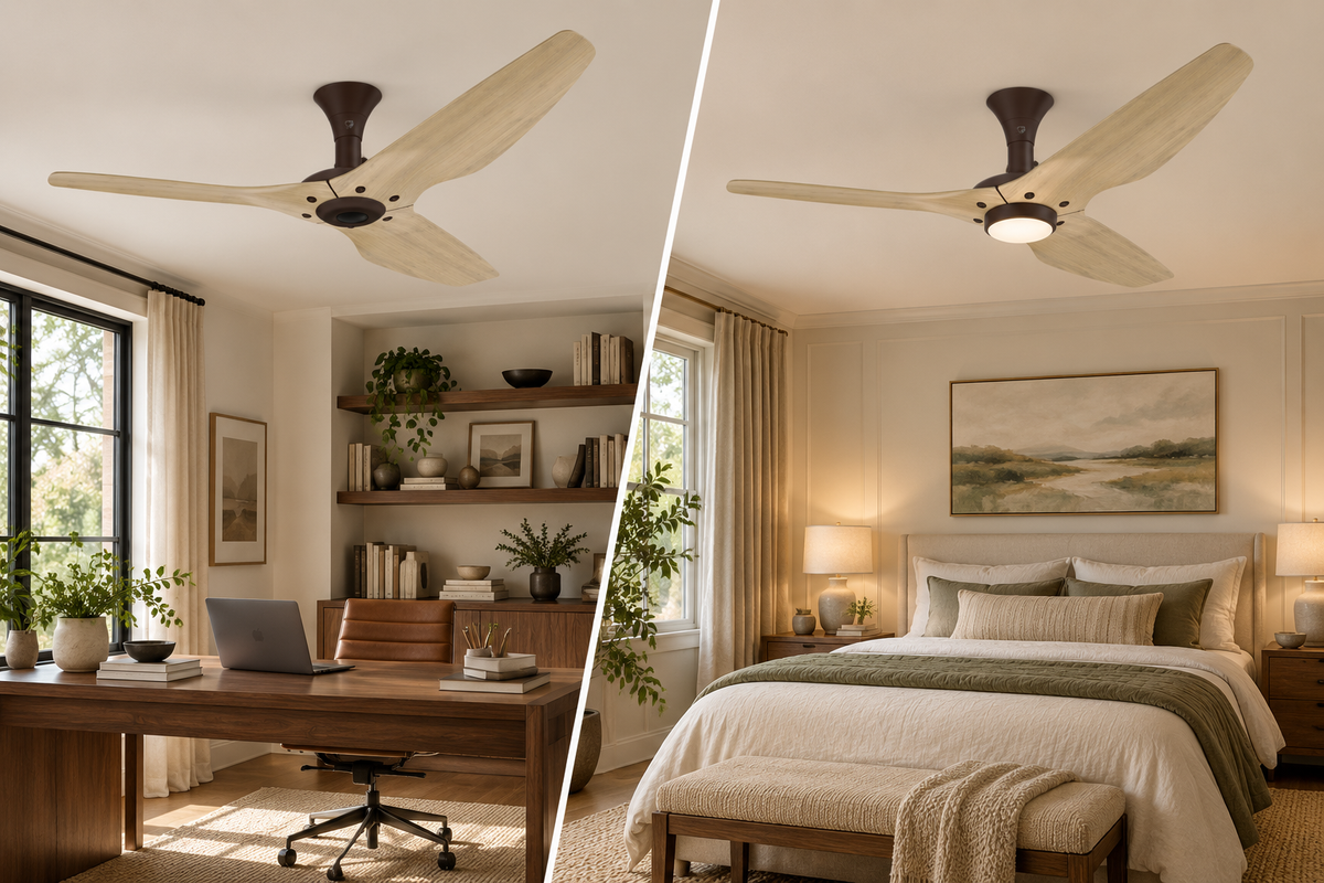 A three blade ceiling fan without a light in an office and the same fan in a bedroom with a light