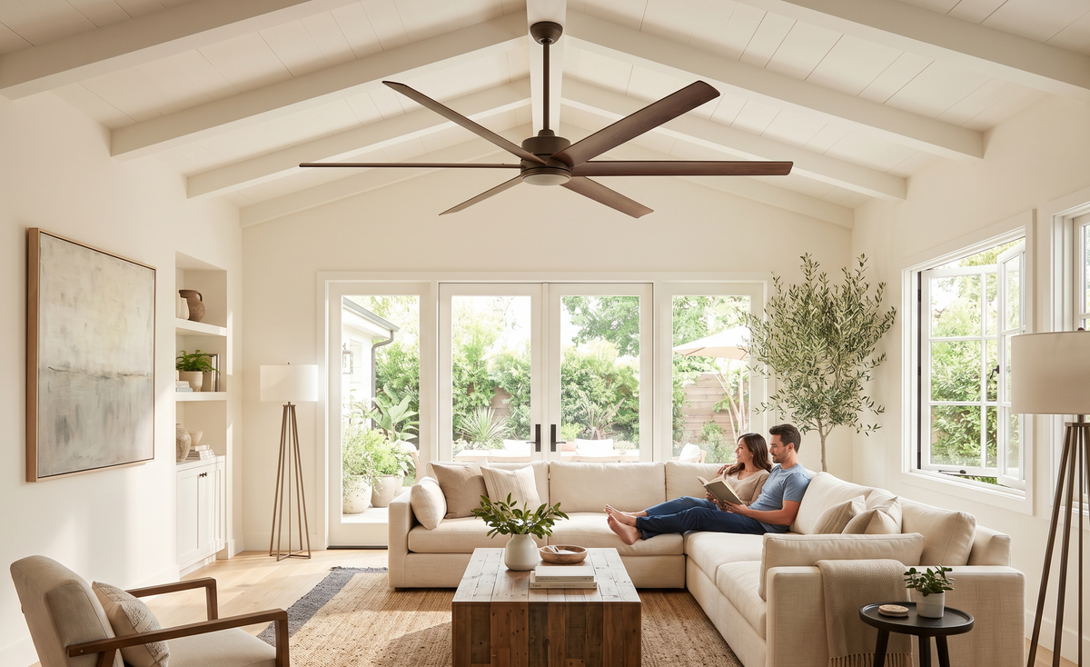 A bright, airy living room with a large ceiling fan centered over a seating area, showing correct scale and blade clearance from walls and furniture