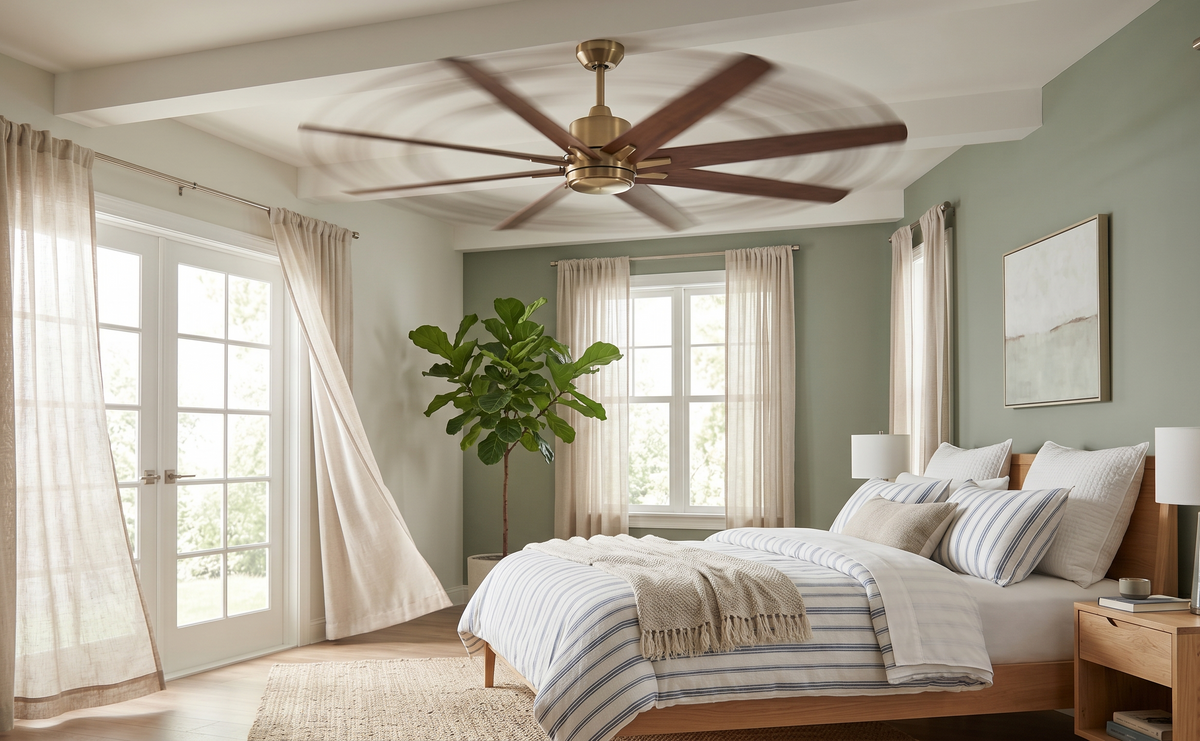Large brass ceiling fan with wood blades spinning above a bright, modern bedroom with green walls, natural wood furniture, and flowing curtains that highlight the fan's airflow.